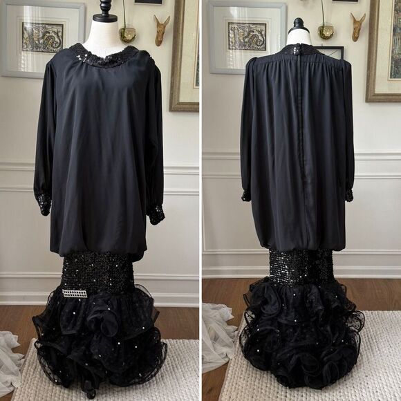 Vintage 80s Chez California by Tandy Black Shift Mermaid Ruffle Dress 1X - Picture 1 of 10